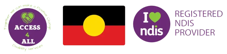 Access4All Disability Services logo, Aboriginal flag and Registered NDIS Provider logo