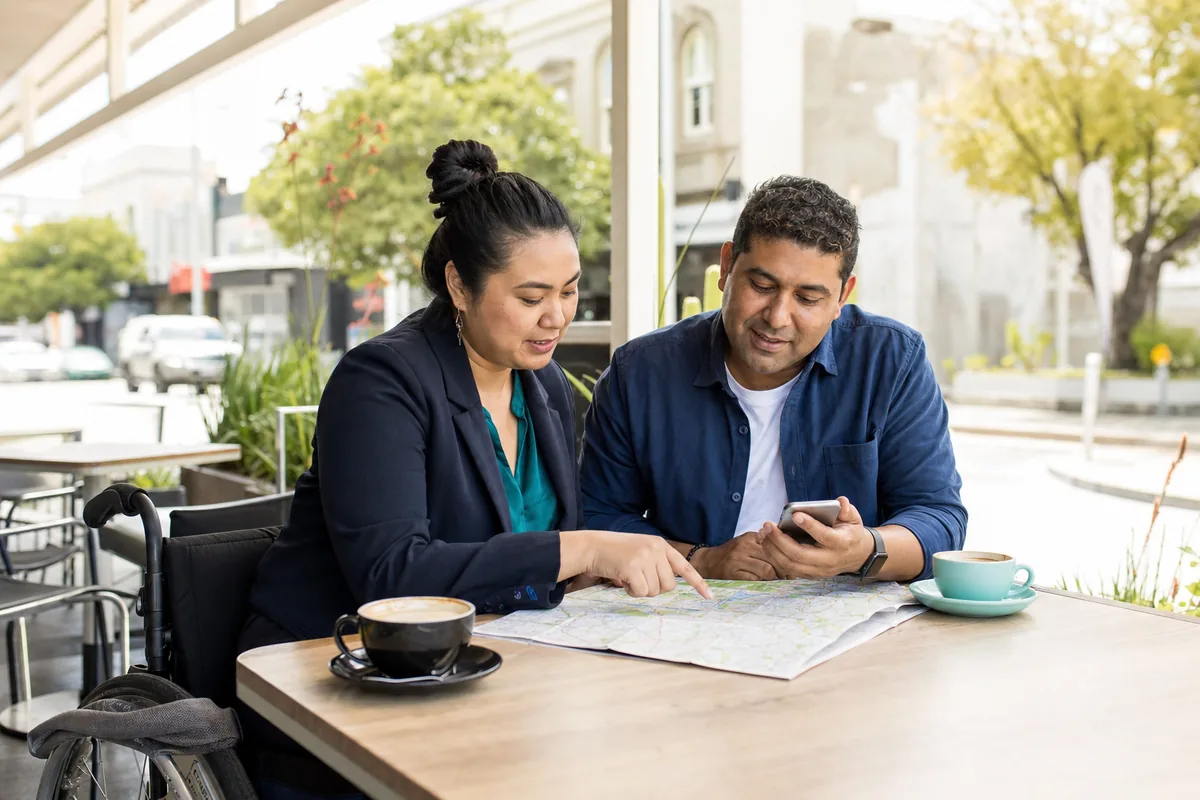 Participant and support worker planning an accessible community outing in Perth
