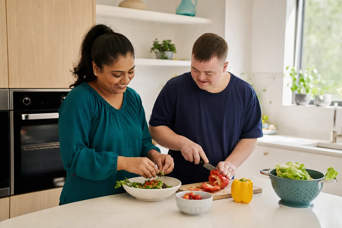 NDIS participant and support worker preparing a healthy meal together at home