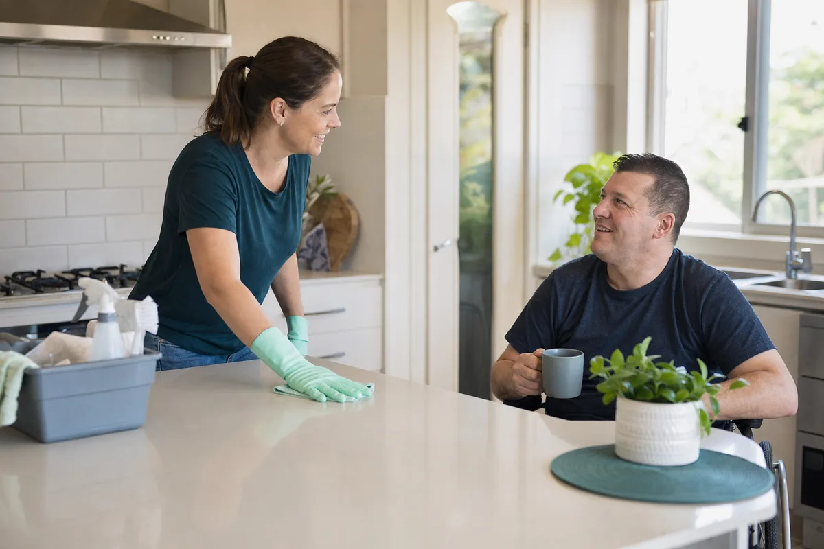 NDIS cleaning worker providing respectful household assistance in a Perth participant’s home