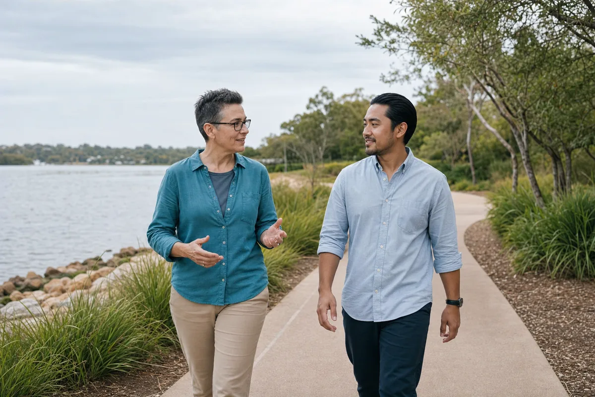 Participant and psychosocial recovery coach walking and talking beside a Perth riverside path