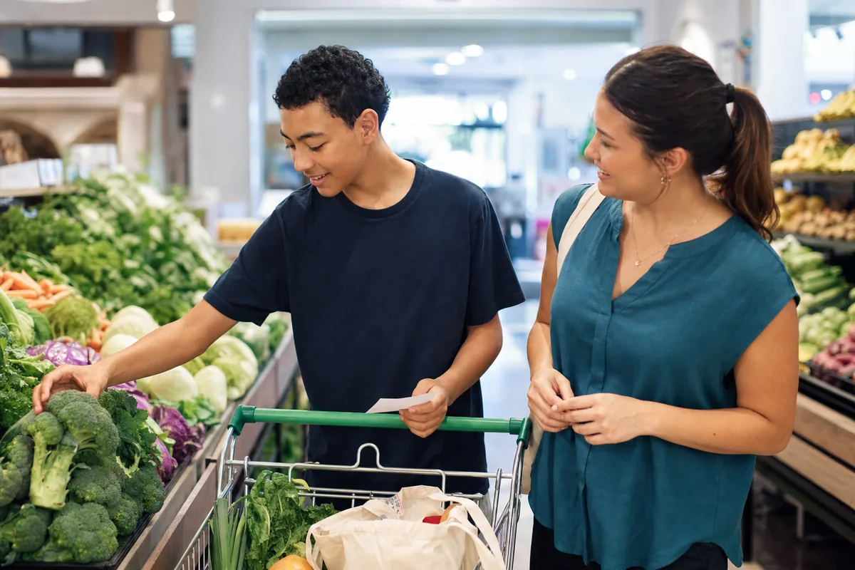 Teenage participant choosing fresh groceries with community support in a Perth market