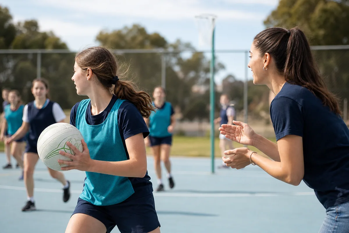 Teenage participant taking part in a Perth community netball game with support nearby